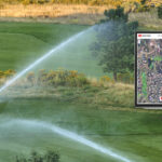 Image of a commercial Toro mower on a golf course with active sprinklers and a monitor with a visual of a map superimposed on the image.